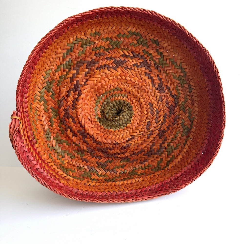 XL Woven Coil Straw Grass Basket Colorful Floppy African Native VTG Handmade